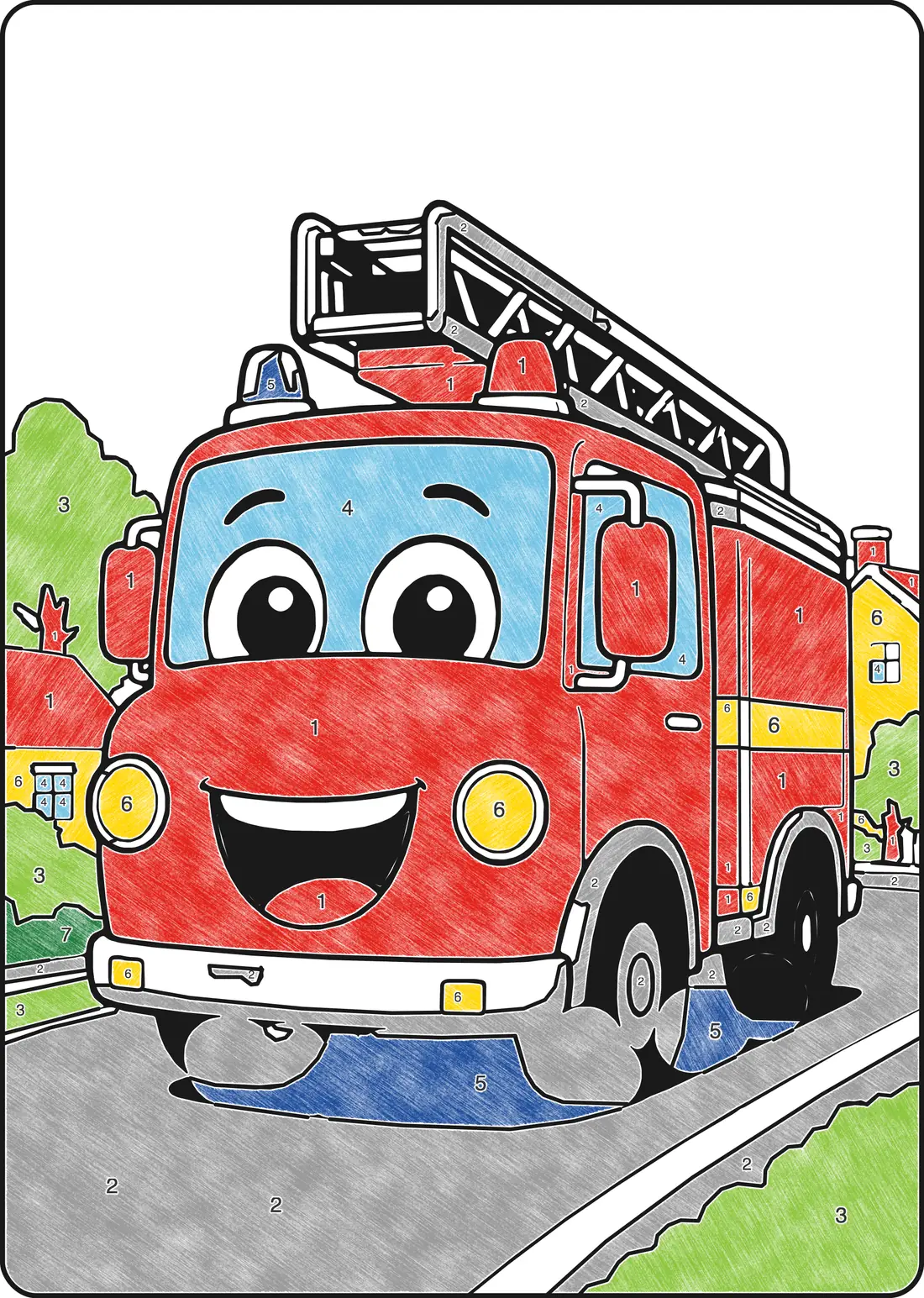 Brandweerauto, ingekleurd met kleurpotlood