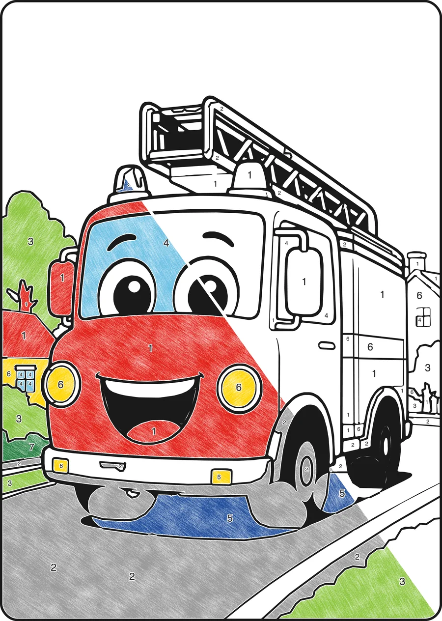 Kleurplaat op nummer: Brandweerauto, half ingekleurd