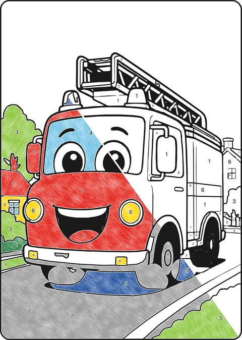 Kleurplaat op nummer: Brandweerauto, half ingekleurd