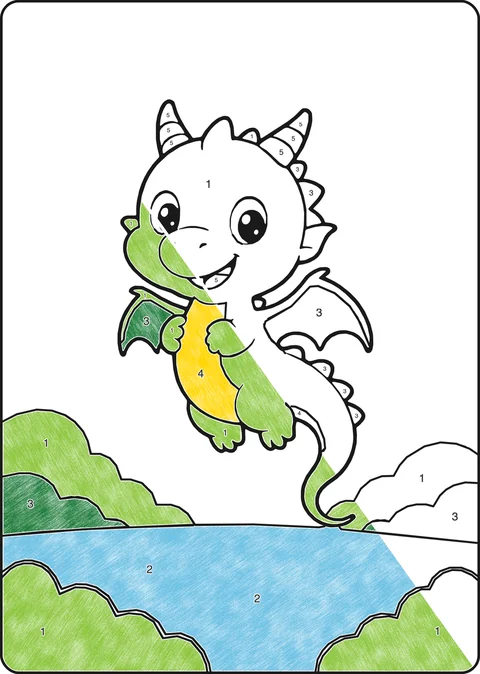 Kleurplaat op nummer: Draak, half ingekleurd
